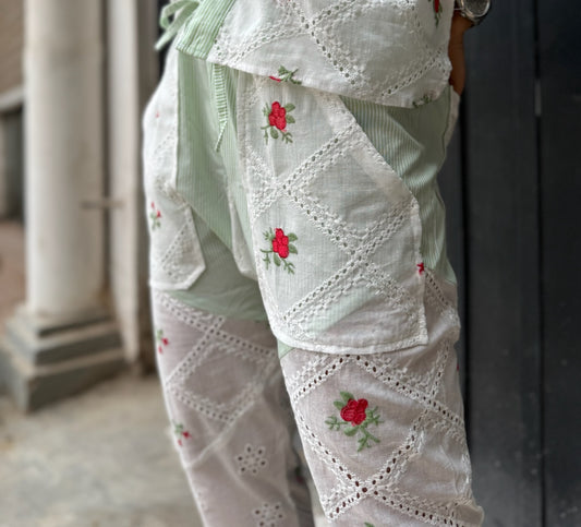 Pantalon Samy - Broderies anglaises - Vert / Blanc