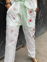 Pantalon Samy - Broderies anglaises - Vert / Blanc