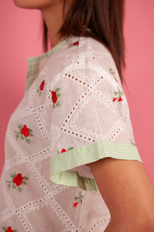 Indie English embroidery shirt - Green / White